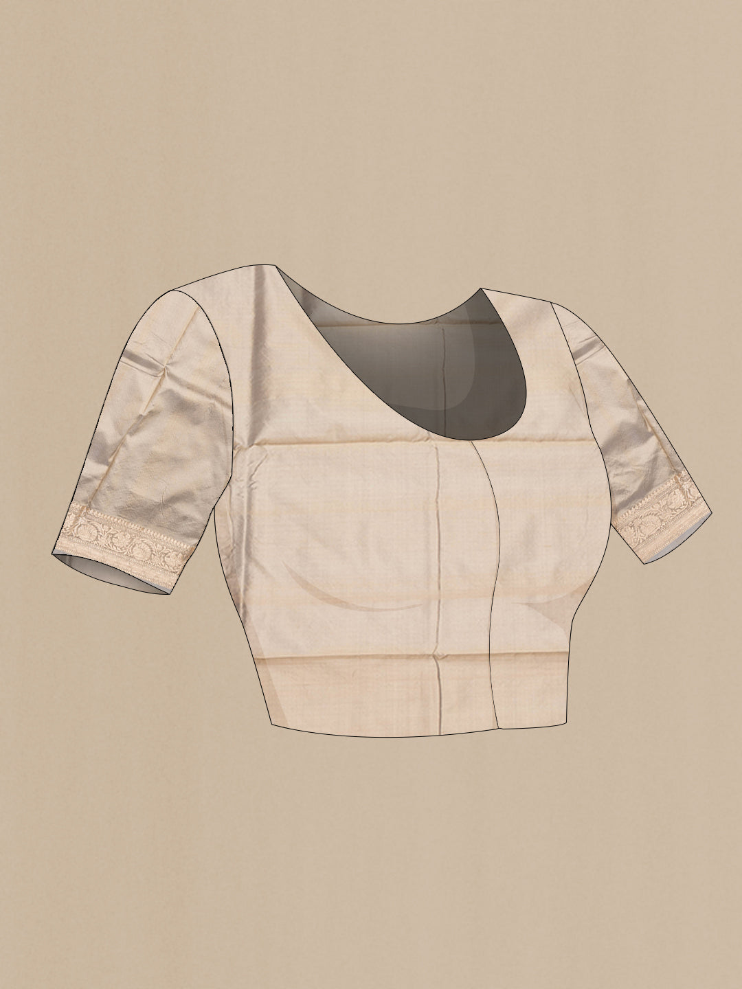Close up image of the blouse of Beige Dual Tone Banarasi Silk Saree with Zari Butta on the body and Zari Border. 