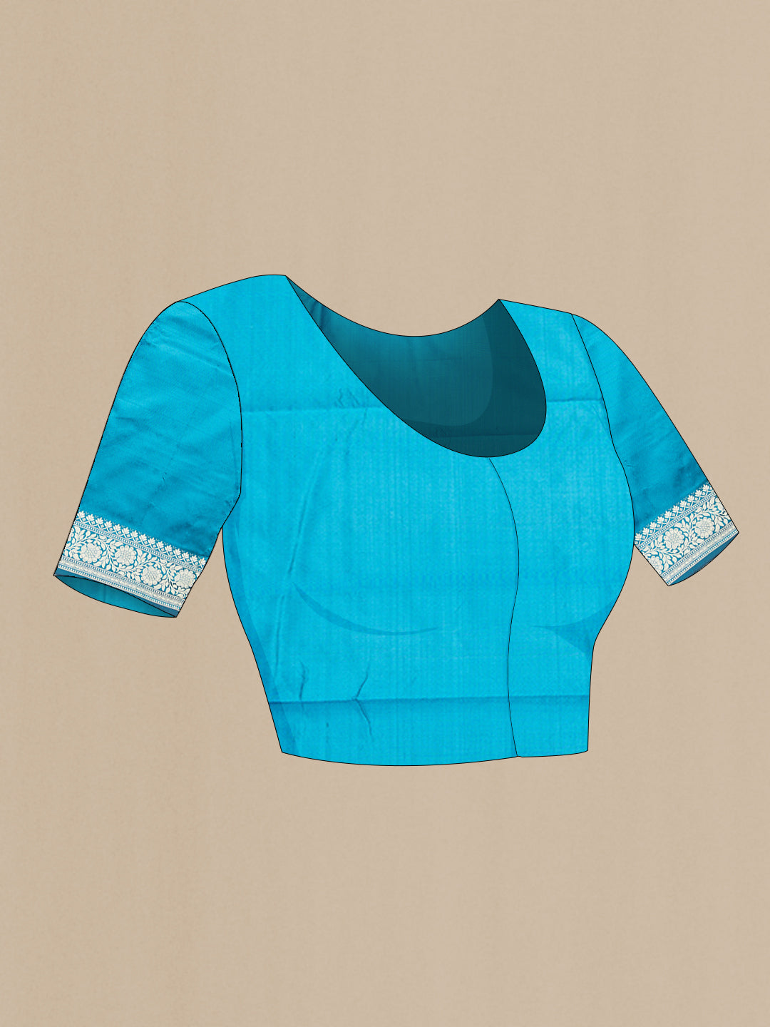 Close up image of the blouse of Peacock Blue Banarasi Silk Saree with Thread Butta on the body and Thread Border. 