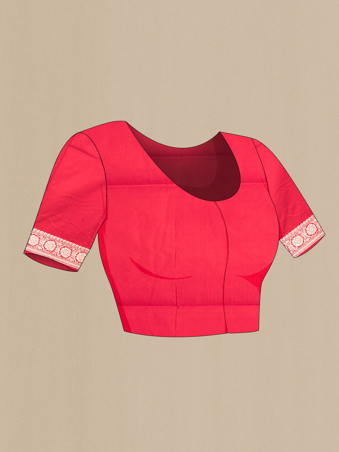 Close up image of the blouse of Red Banarasi Silk Saree with Thread Butta on the body and Thread Border. 