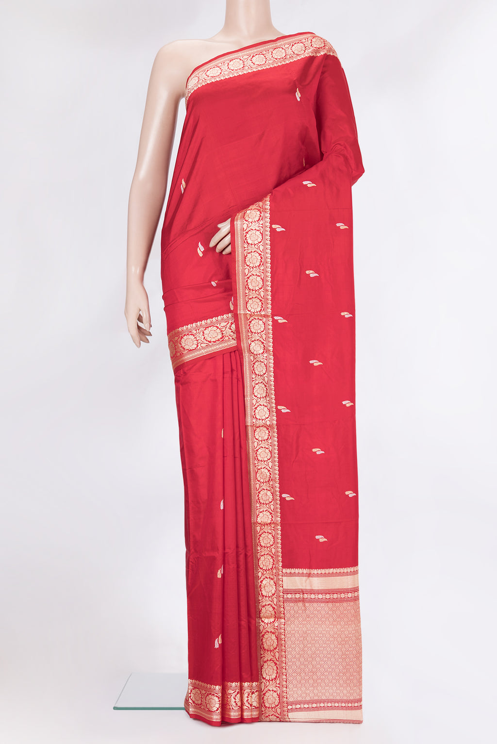 Red Banarasi Silk Saree with Thread Butta on the body and Thread Border.  displayed on a mannequin