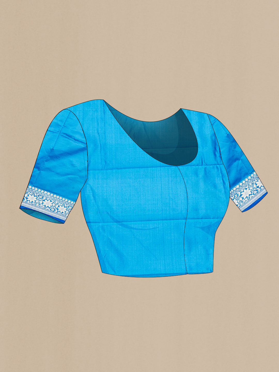 Close up image of the blouse of Royal Blue Banarasi Silk Saree with Thread Butta on the body and Thread Border. 