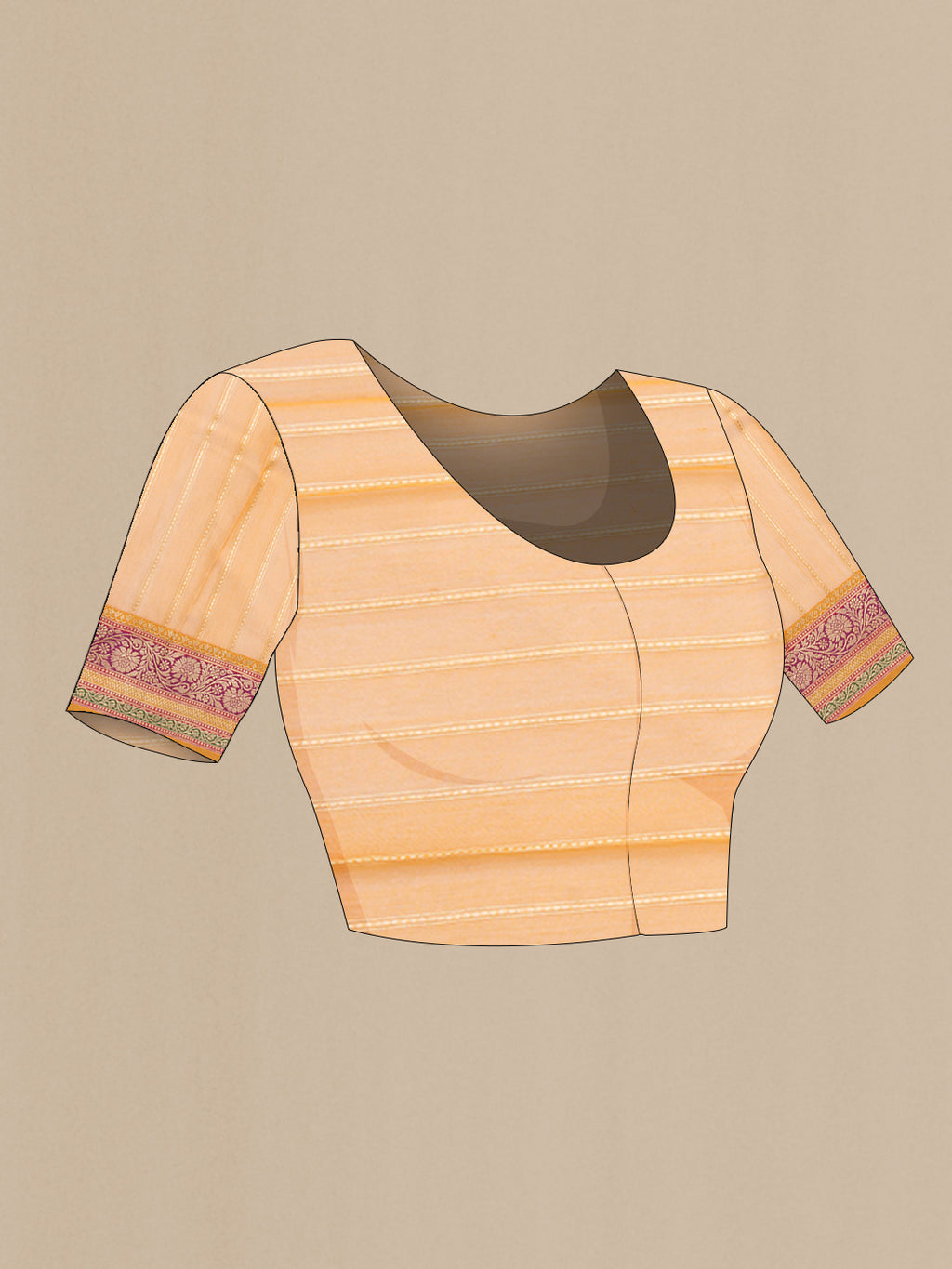 Close up image of the blouse of Rose Gold Organza Saree with Zari Butta on the body and Zari Border. 