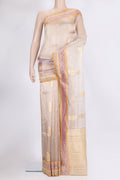 Rose Gold Organza Saree with Zari Butta on the body and Zari Border.  displayed on a mannequin