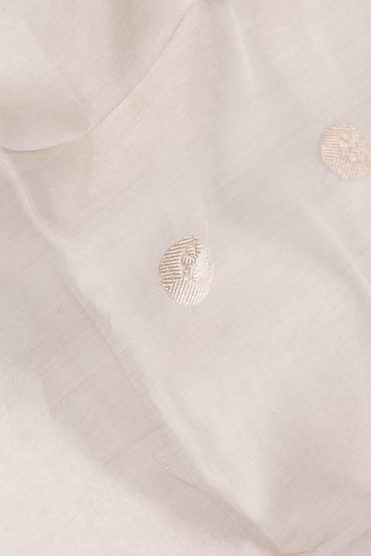 Close up of Beige Organza Saree with Zari Butta on the body and Zari Border.  displaying folds