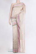 Beige Organza Saree with Zari Butta on the body and Zari Border.  displayed on a mannequin