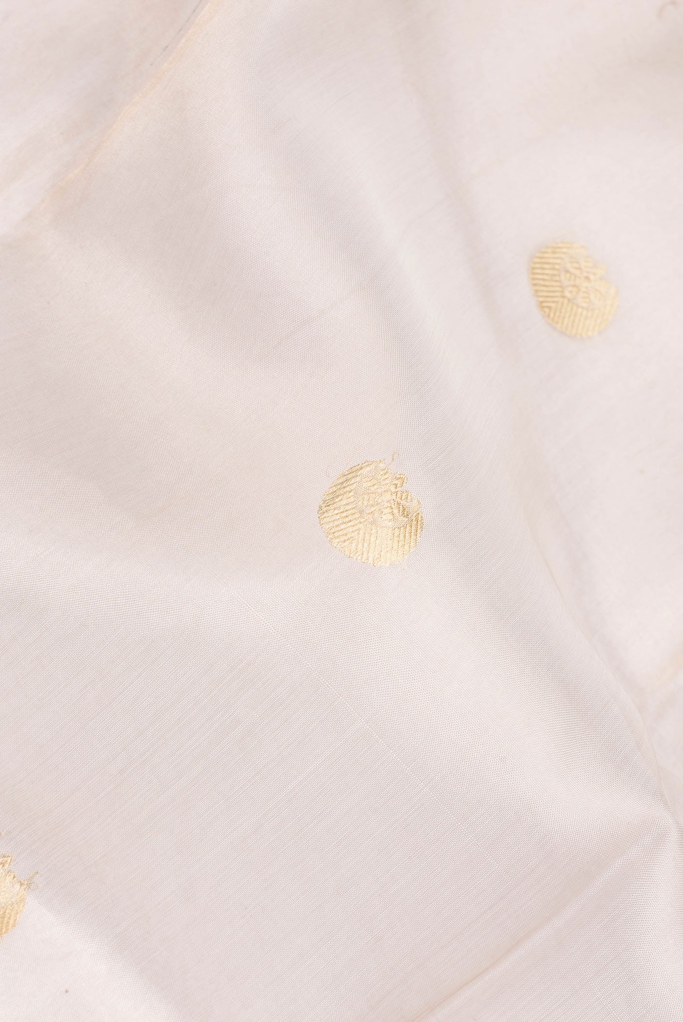 Close up of Beige Organza Saree with Zari Butta on the body and Zari Border.  displaying folds