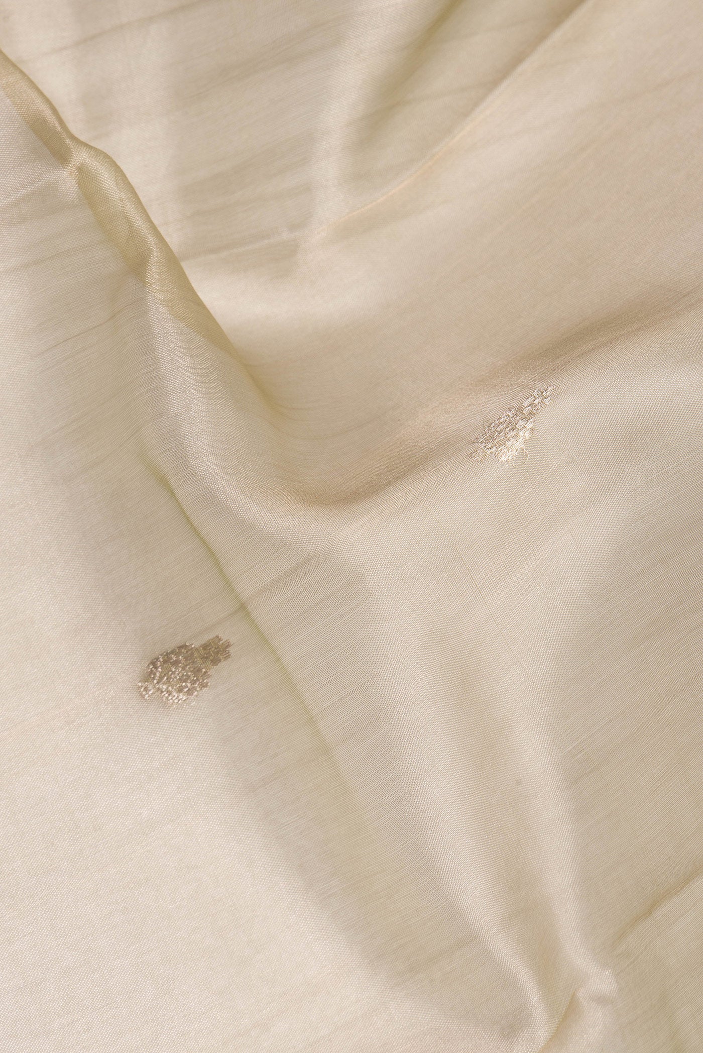 Close up of Gold Organza Saree with Zari Butta on the body and Zari Border.  displaying folds