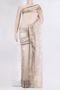 Beige Organza Saree with Zari Butta on the body and Zari Border.  displayed on a mannequin