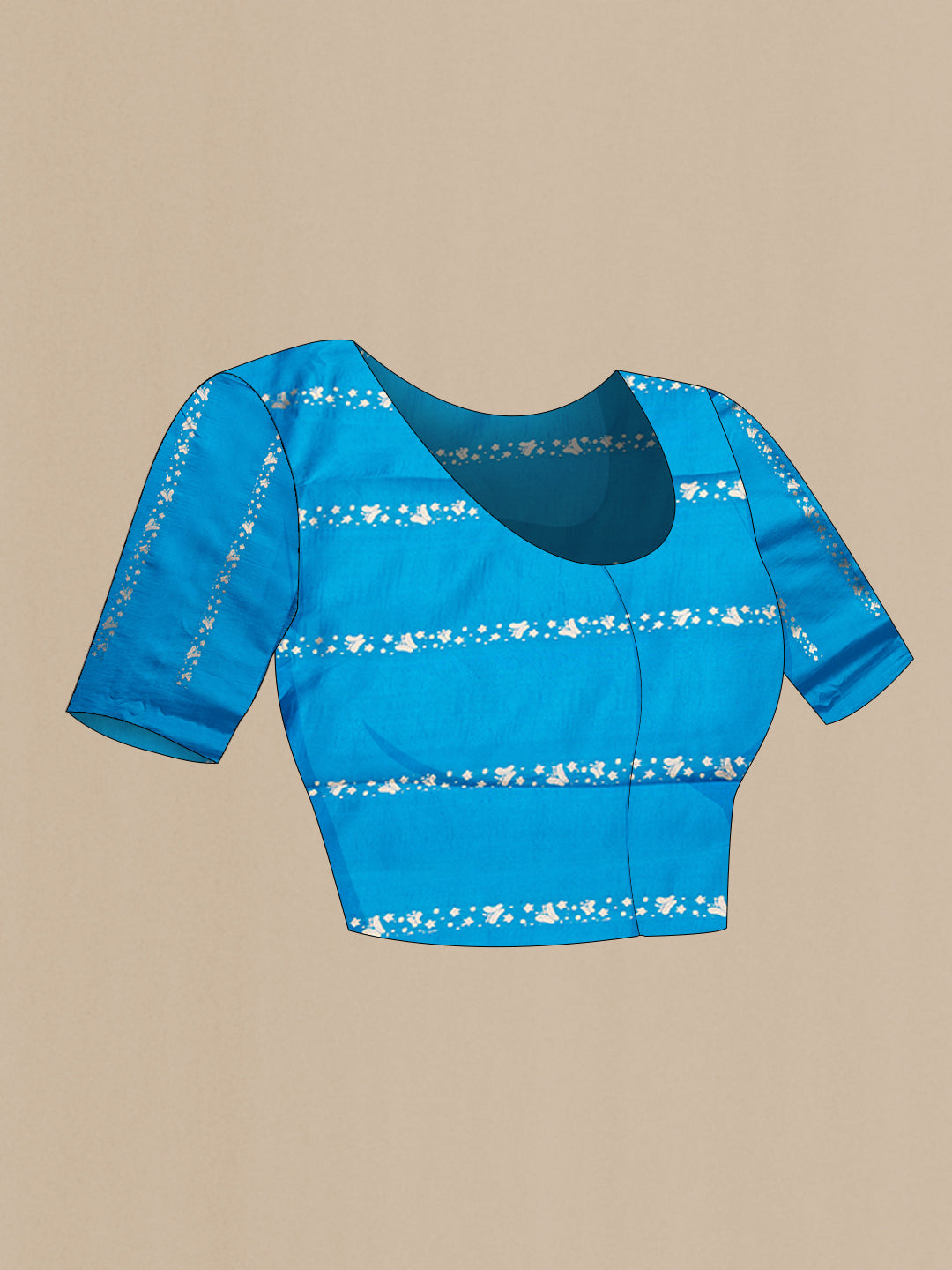 Close up image of the blouse of Sky Blue Banarasi Silk Saree with Zari Butta on the body and Zari Border. 