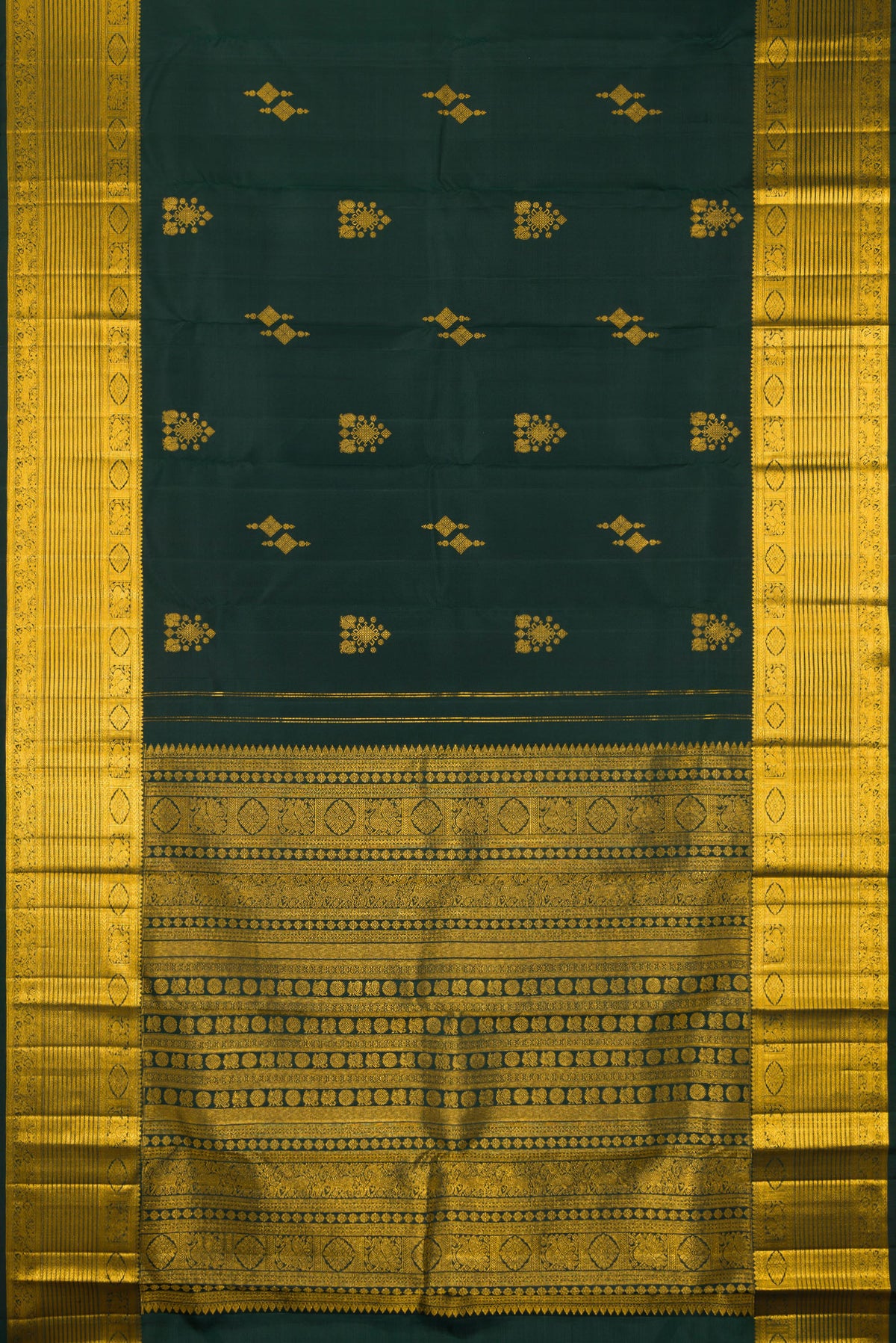 Flat view of Pure Silk Bottle Green Kanjivaram Saree with Zari Butta on the body and Zari Border. 