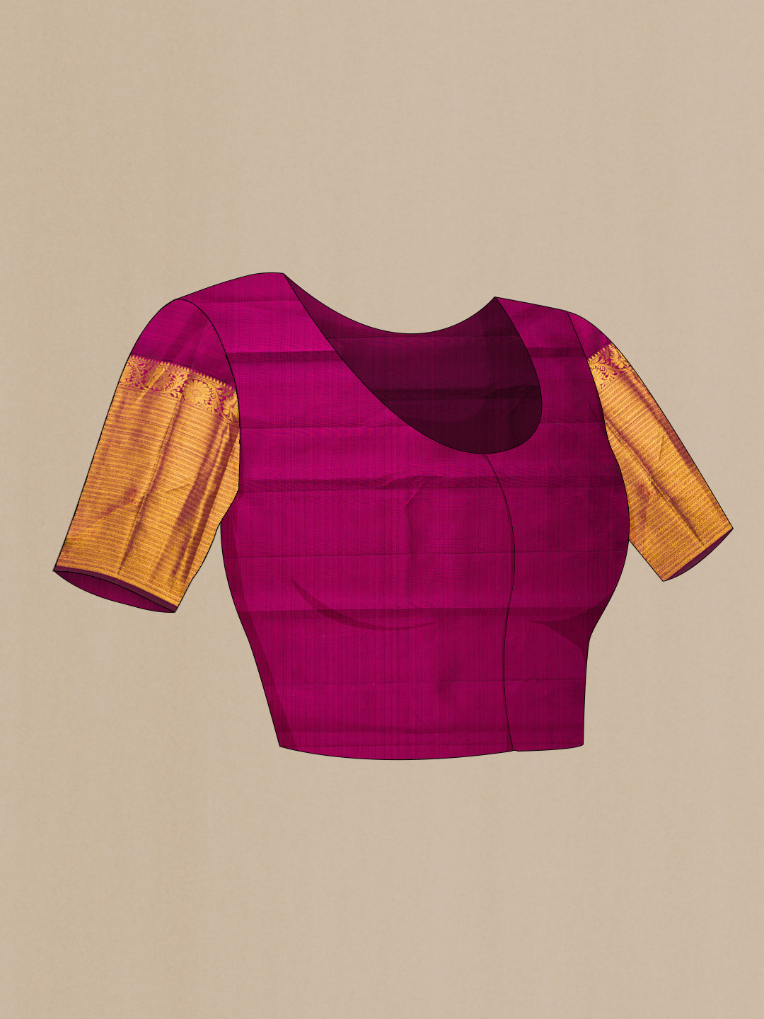 Close up image of the blouse of Pure Silk Magenta Kanjivaram Saree with Zari Butta on the body and Zari Border. 