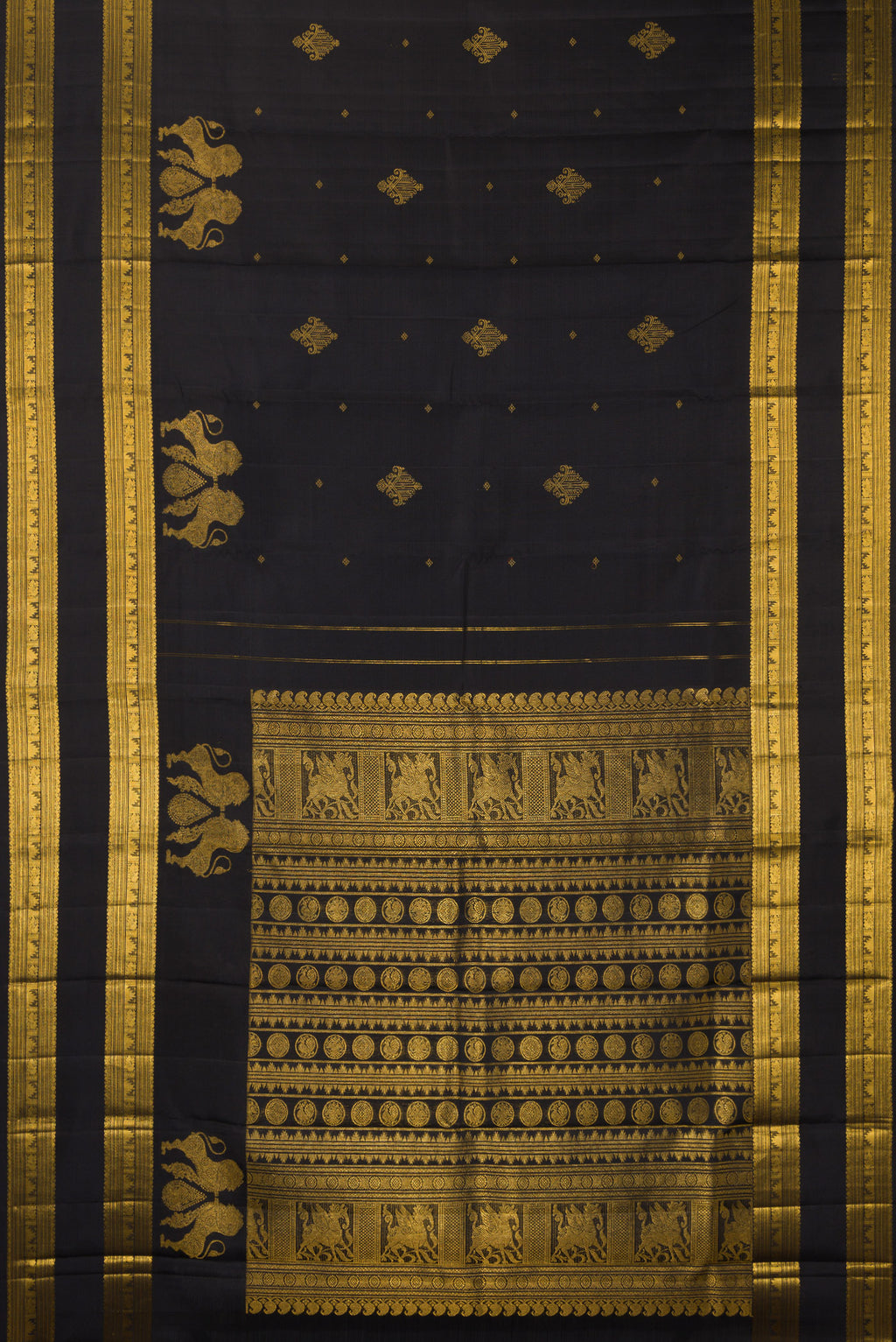 Flat view of Pure Silk Black Kanjivaram Saree with Zari Butta on the body and Zari Border. 