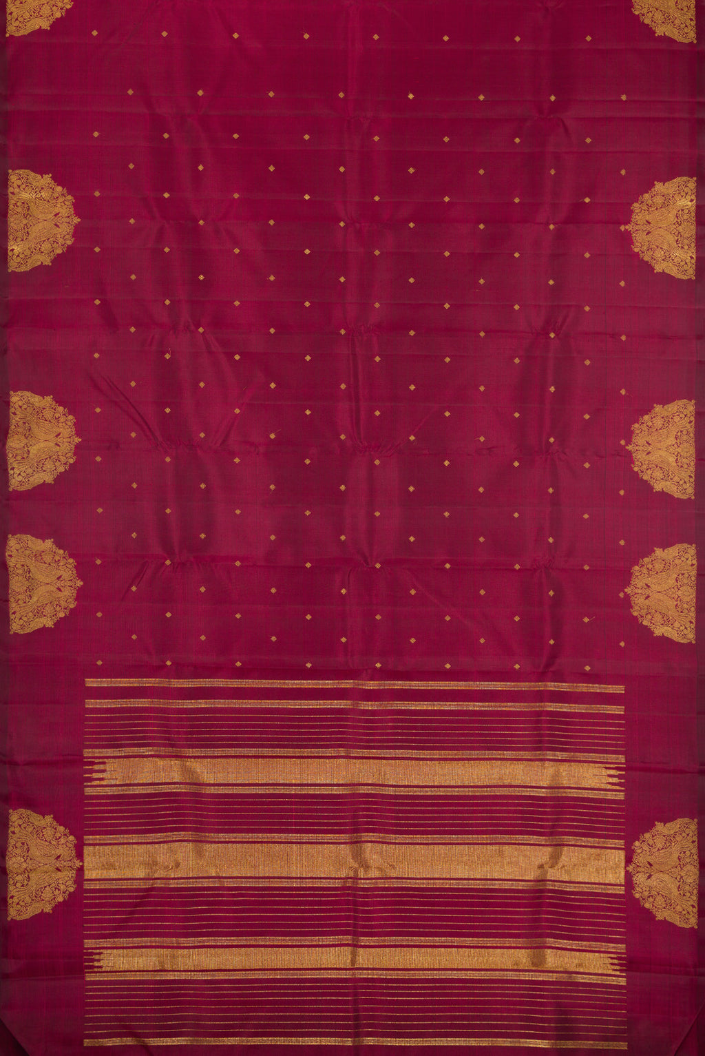 Flat view of Pure Silk Pure Zari Maroon Kanchipuram Saree with Zari Butta on the body and Fancy Border. 