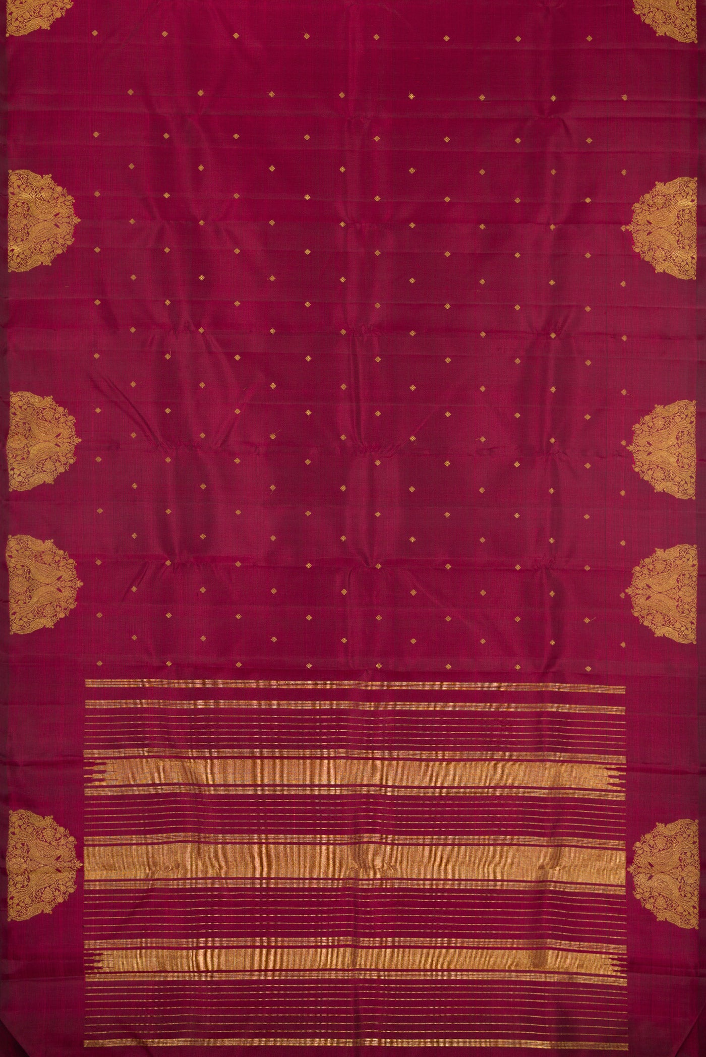 Flat view of Pure Silk Pure Zari Maroon Kanchipuram Saree with Zari Butta on the body and Fancy Border. 