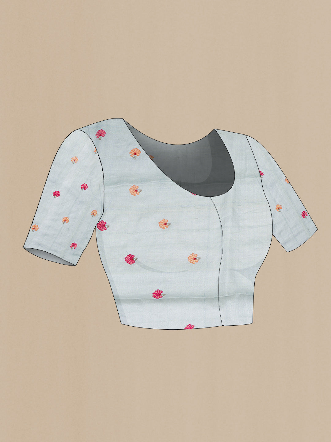 Close up image of the blouse of Light Blue Tussar Saree with Embroidery on the body and Embroidery Border. 