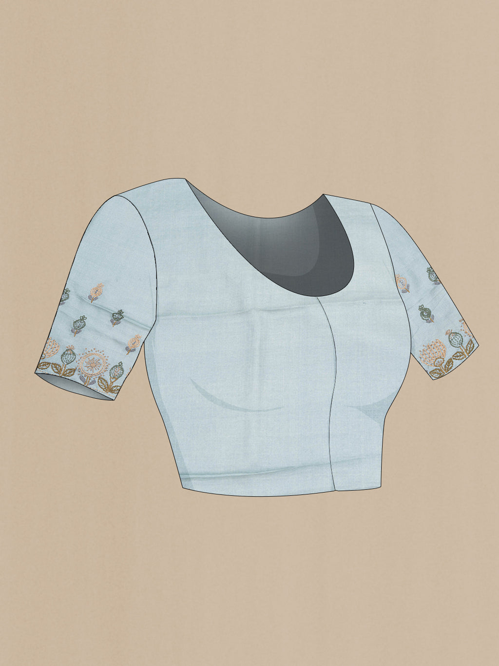 Close up image of the blouse of Grey Tussar Saree with Embroidery on the body and Embroidery Border. 
