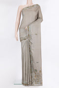 Grey Tussar Saree with Embroidery on the body and Embroidery Border.  displayed on a mannequin
