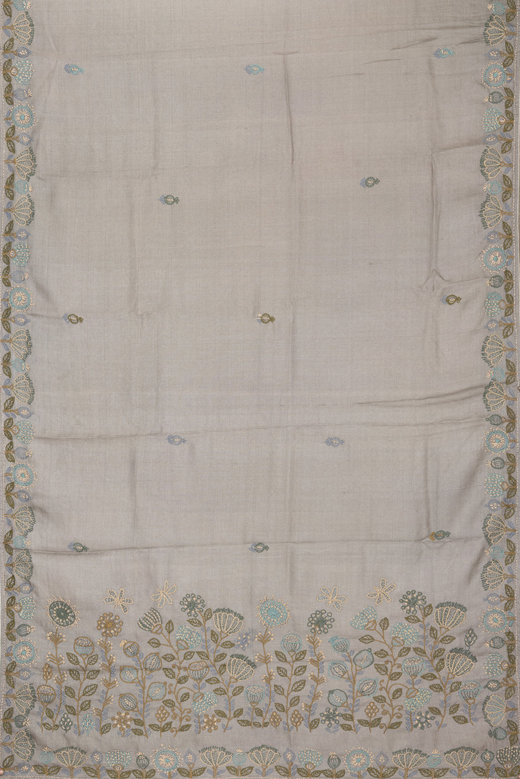 Flat view of Grey Tussar Saree with Embroidery on the body and Embroidery Border. 
