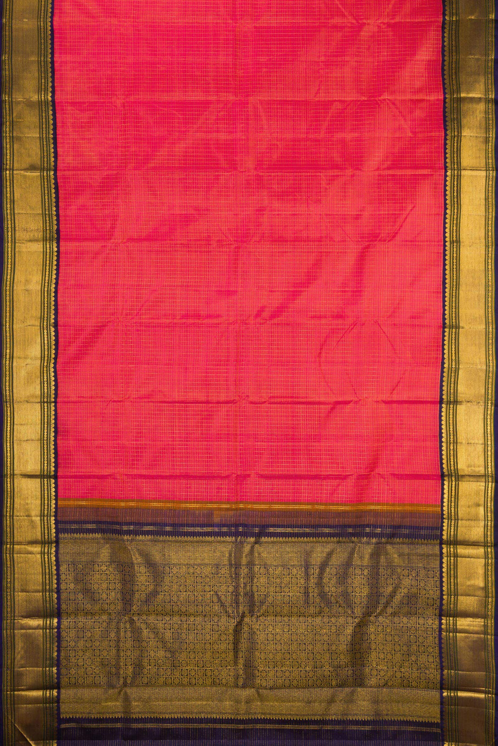Flat view of Pure Silk Coral Dual Tone Kanjivaram Saree with Checked design on the body and Fancy Border. 