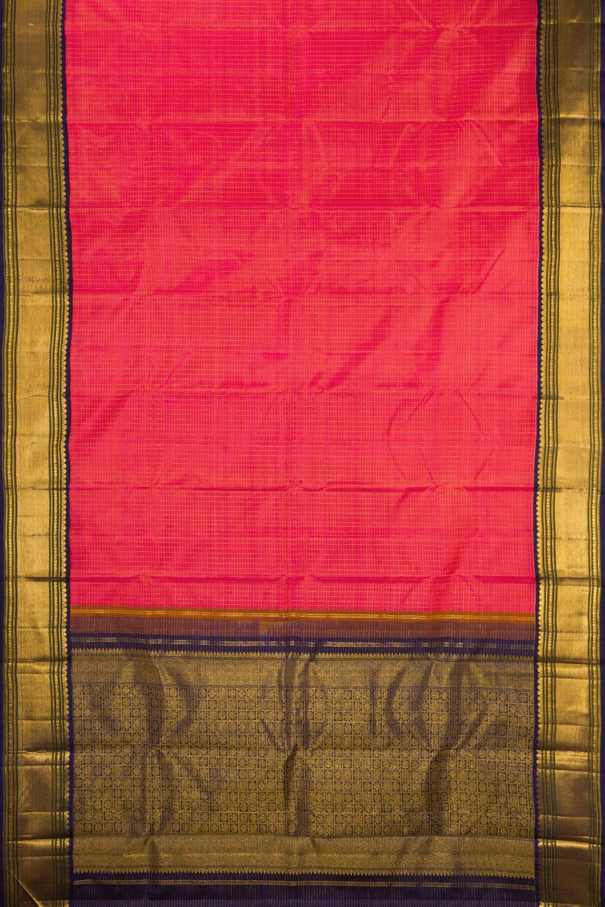 Flat view of Pure Silk Coral Dual Tone Kanjivaram Saree with Checked design on the body and Fancy Border. 