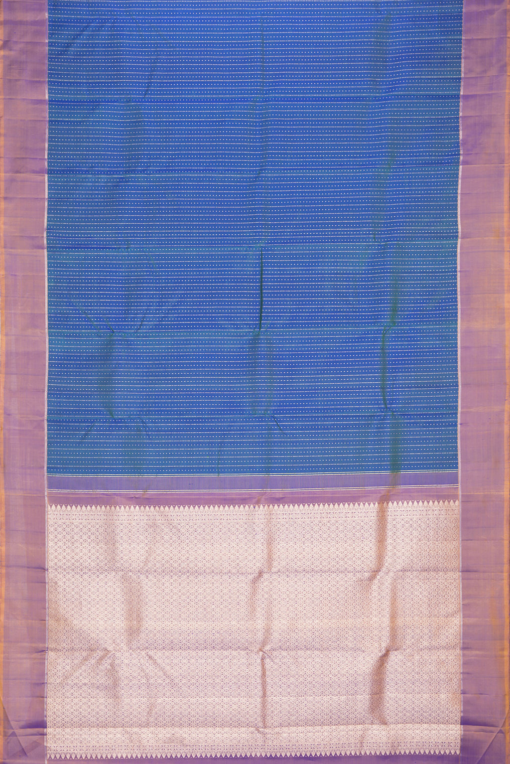 Flat view of Pure Silk Peacock Blue Kanchipuram Saree with Stripes on the body and Zari Border. 