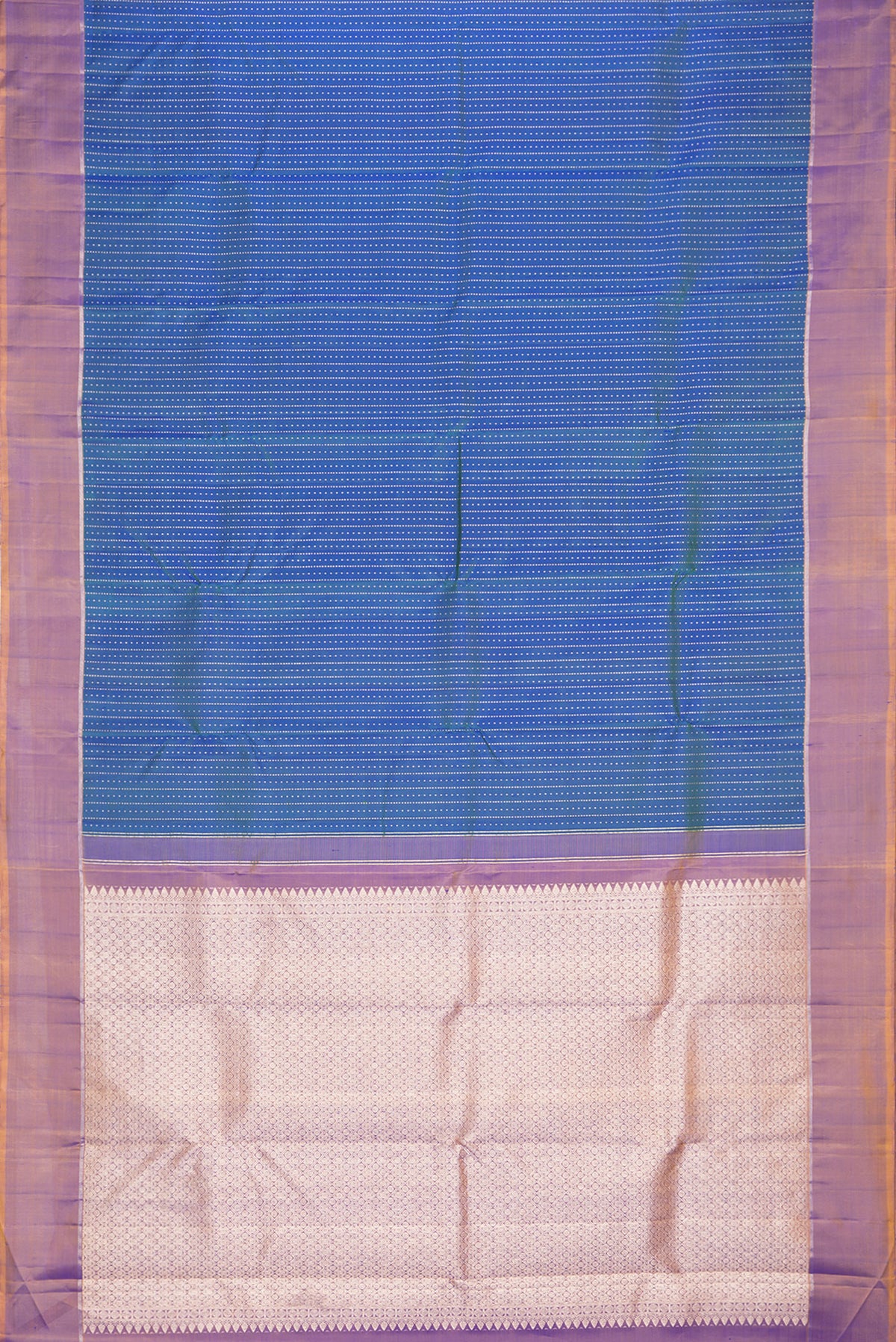 Flat view of Pure Silk Peacock Blue Kanchipuram Saree with Stripes on the body and Zari Border. 