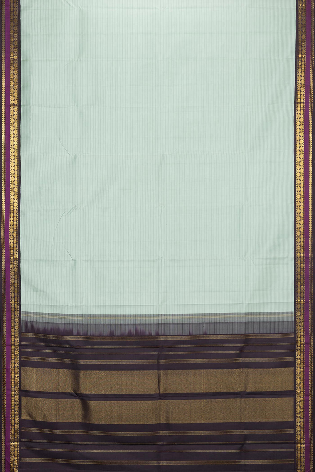 Flat view of Pure Silk Light Green Dual Tone Kanchipuram Saree with Stripes on the body and Zari Border. 