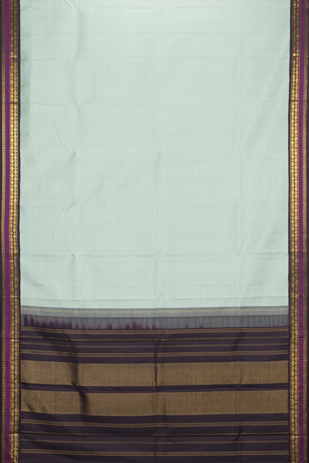 Flat view of Pure Silk Light Green Dual Tone Kanchipuram Saree with Stripes on the body and Zari Border. 