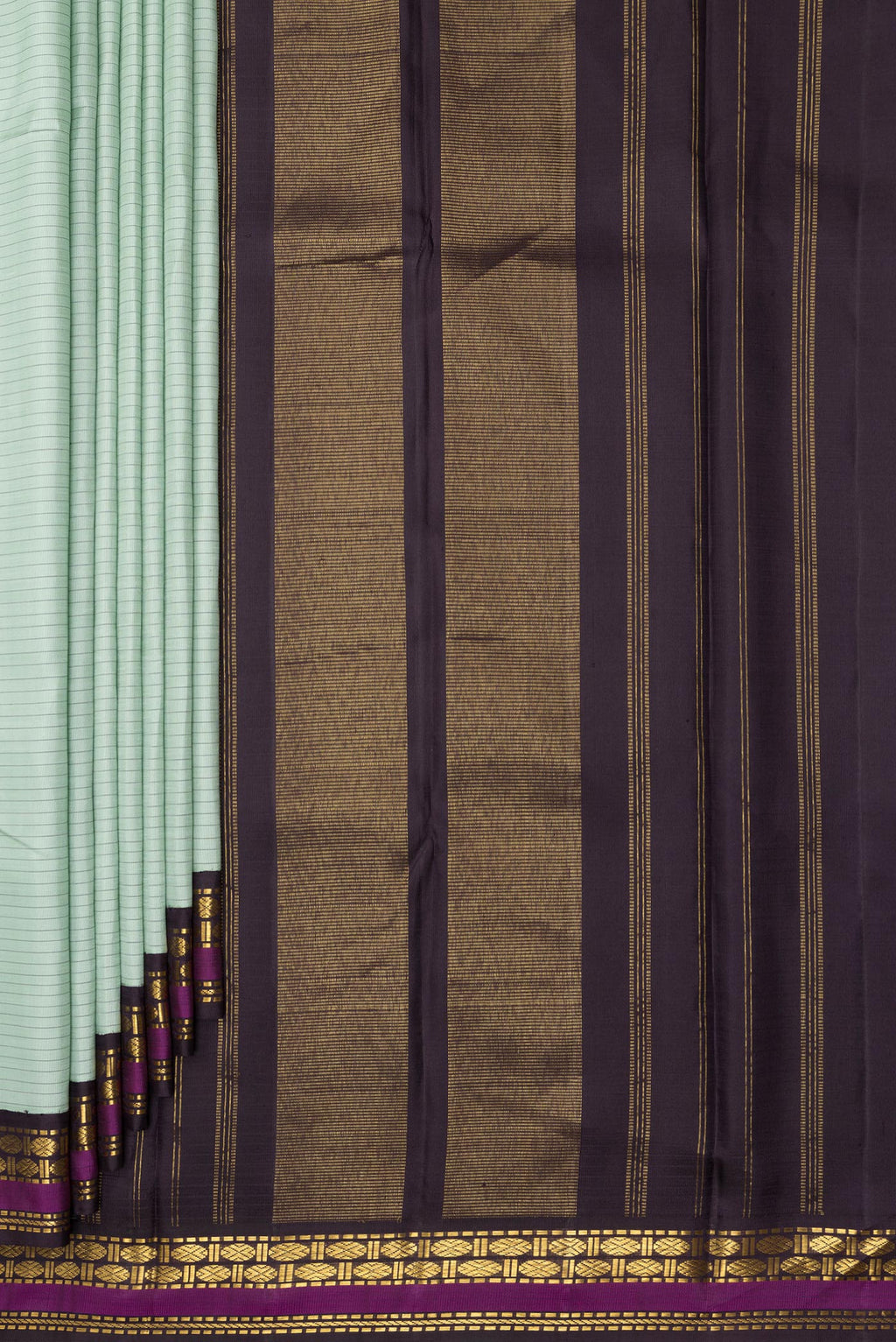 Pleats and pallu of Pure Silk Light Green Dual Tone Kanchipuram Saree with Stripes on the body and Zari Border. 