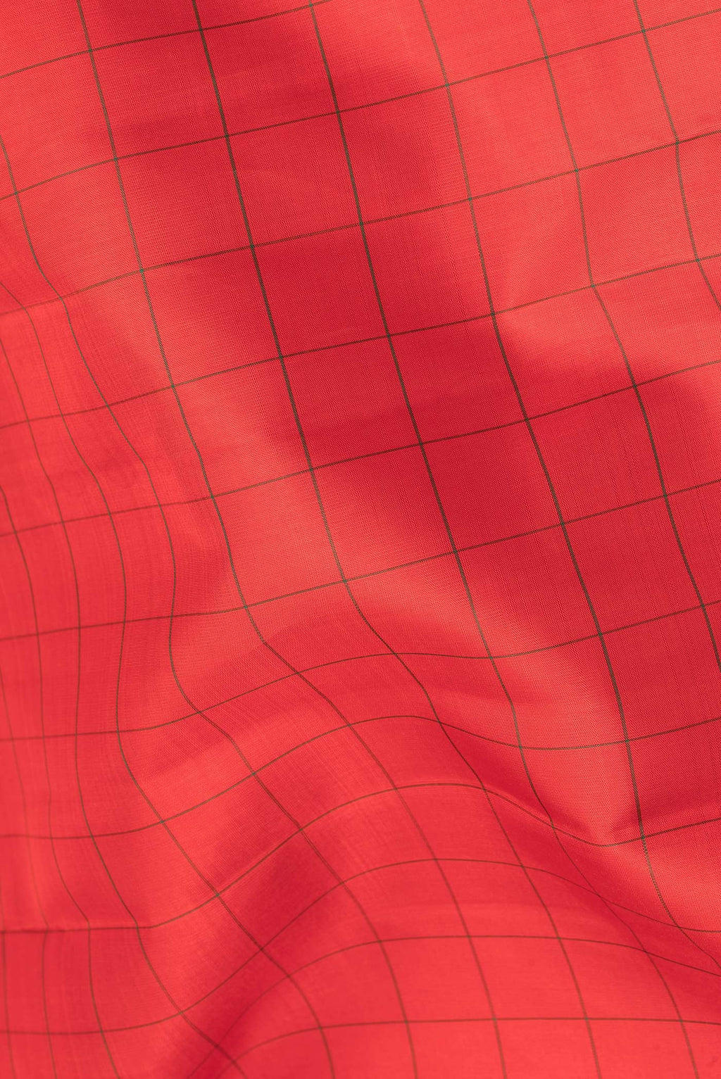 Close up of Pure Silk Red Kanjivaram Saree with Checked design on the body and Zari Border.  displaying folds