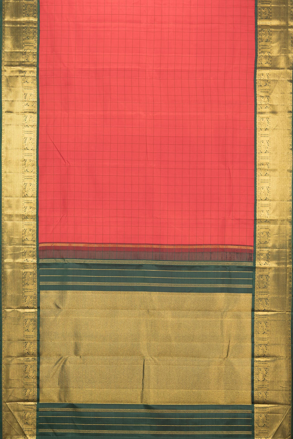 Flat view of Pure Silk Red Kanjivaram Saree with Checked design on the body and Zari Border. 