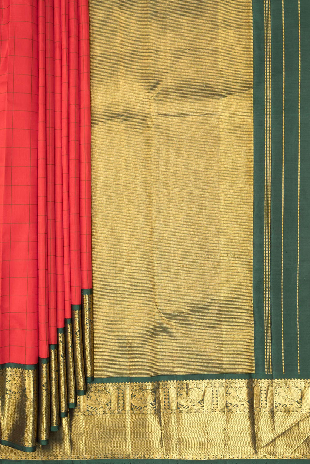 Pleats and pallu of Pure Silk Red Kanjivaram Saree with Checked design on the body and Zari Border. 