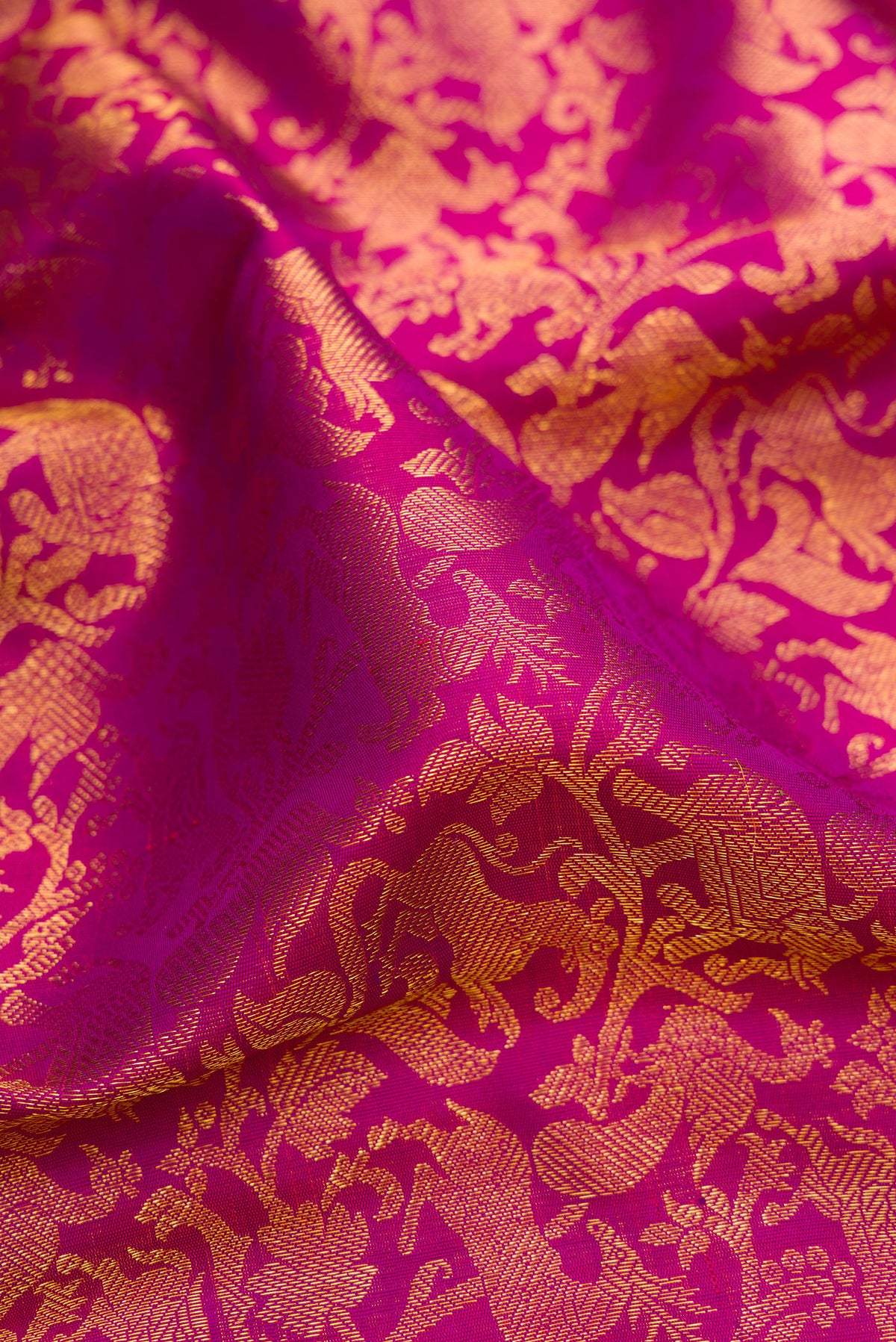 Close up of Pure Silk Magenta Kanjivaram Saree with Zari Brocade on the body and Without Border.  displaying folds