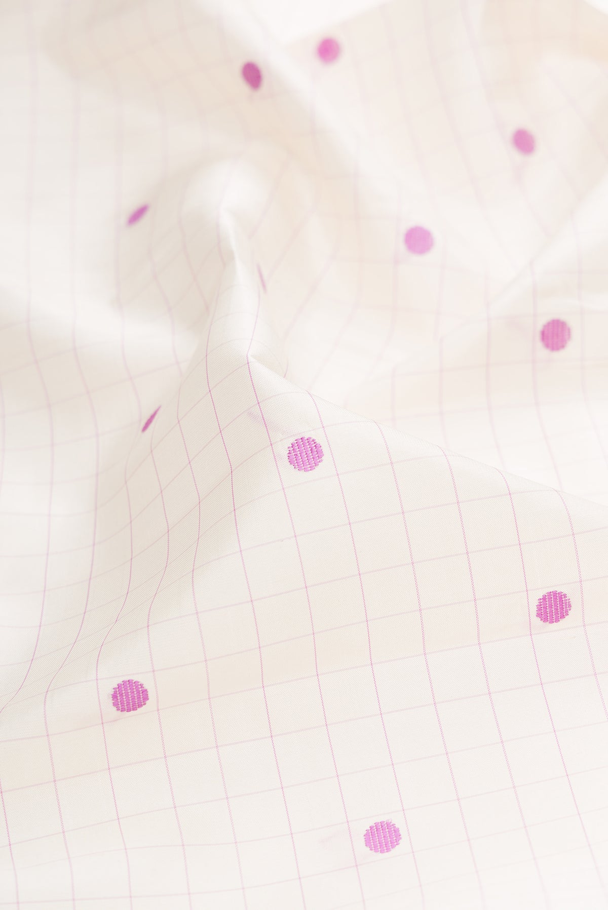 Close up of Pure Silk White Kanjivaram Saree with Checked design on the body and Thread Border.  displaying folds
