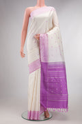 Pure Silk White Kanjivaram Saree with Checked design on the body and Thread Border.  displayed on a mannequin