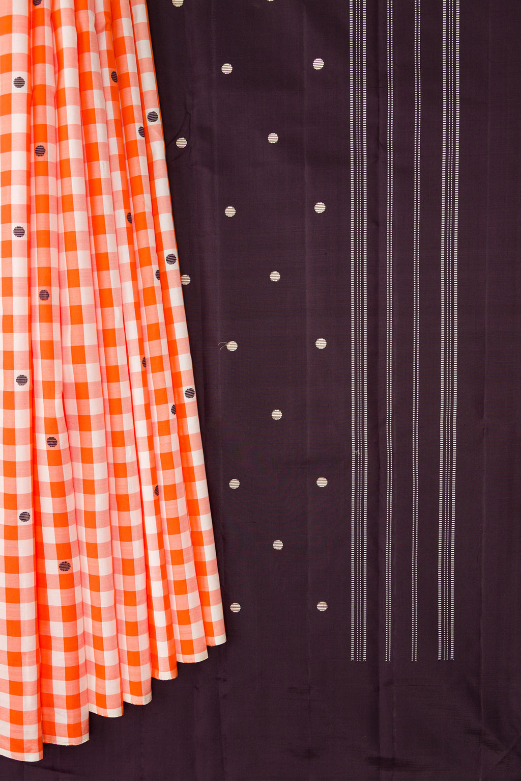 Pleats and pallu of Multi Color Kanjivaram Silk Saree with Checked design on the body and Without Border. 