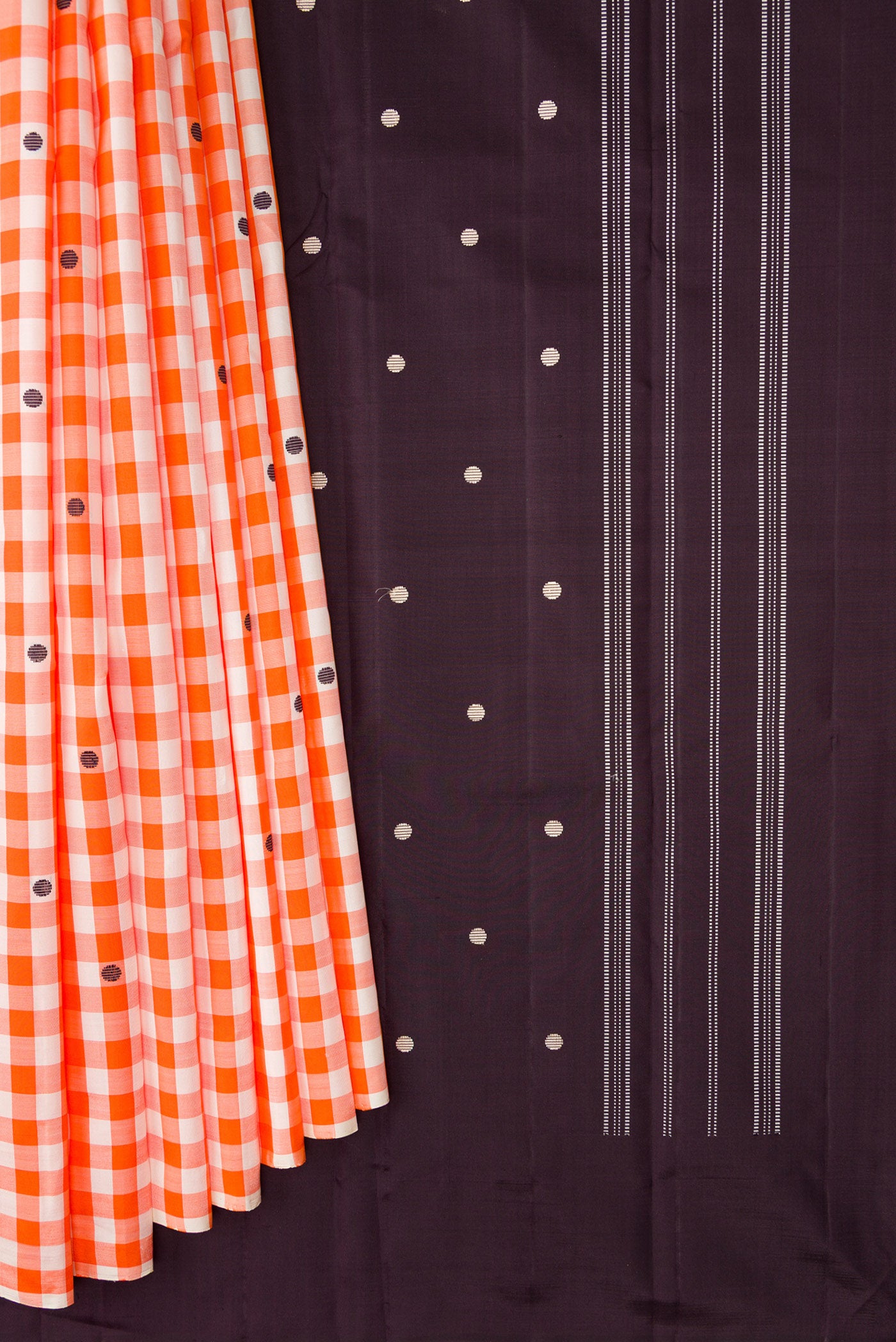 Pleats and pallu of Multi Color Kanjivaram Silk Saree with Checked design on the body and Without Border. 