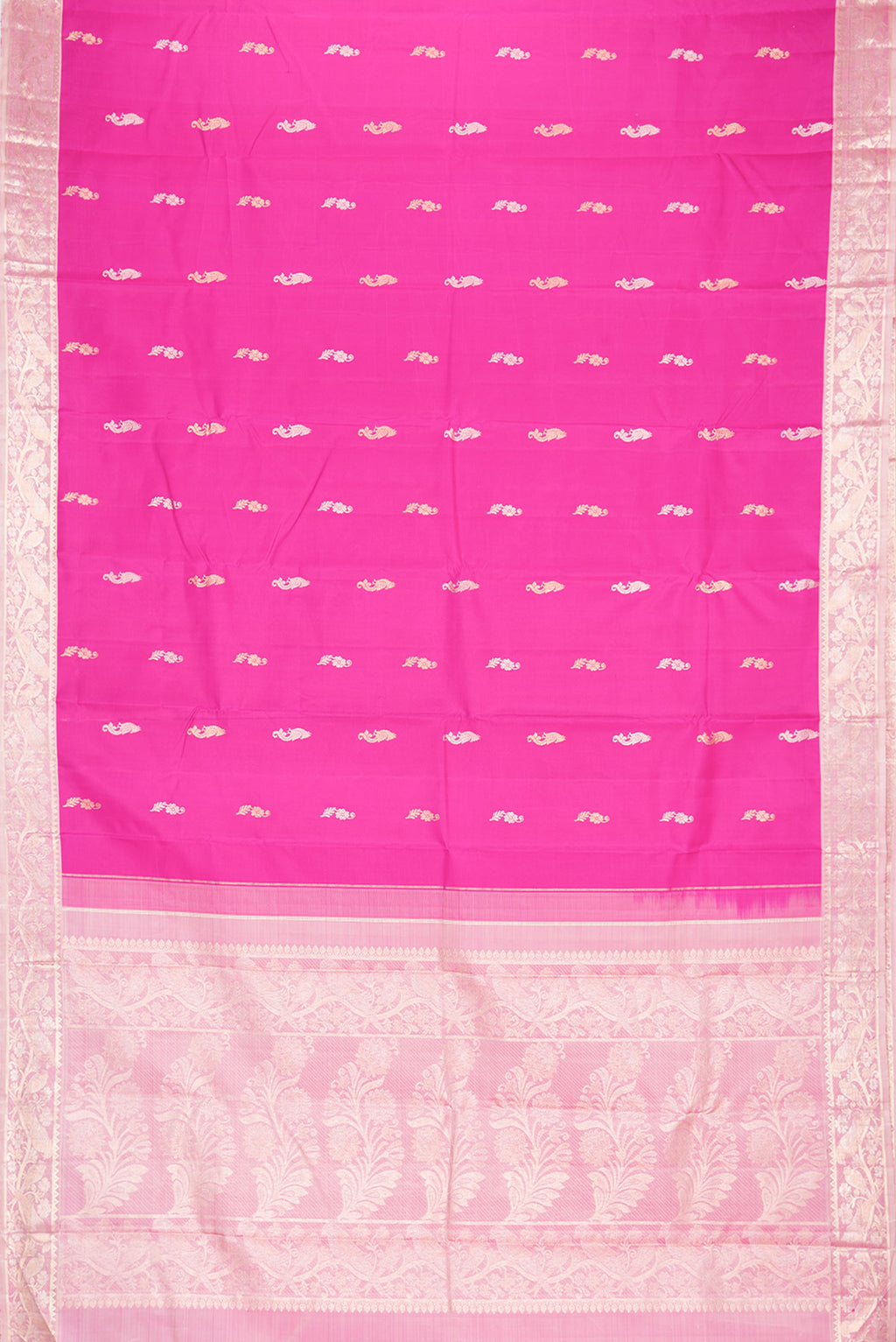 Flat view of Pure Silk Dark Pink Kanchipuram Saree with Zari Butta on the body and Fancy Border. 
