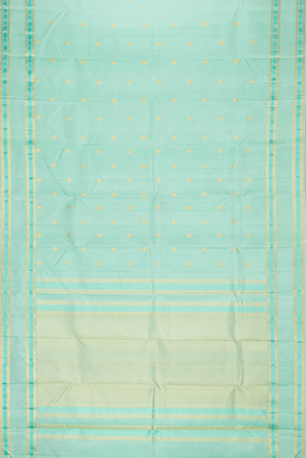 Flat view of Pure Silk Pista Green Kanchipuram Saree with Zari Butta on the body and Zari And Thread Border. 