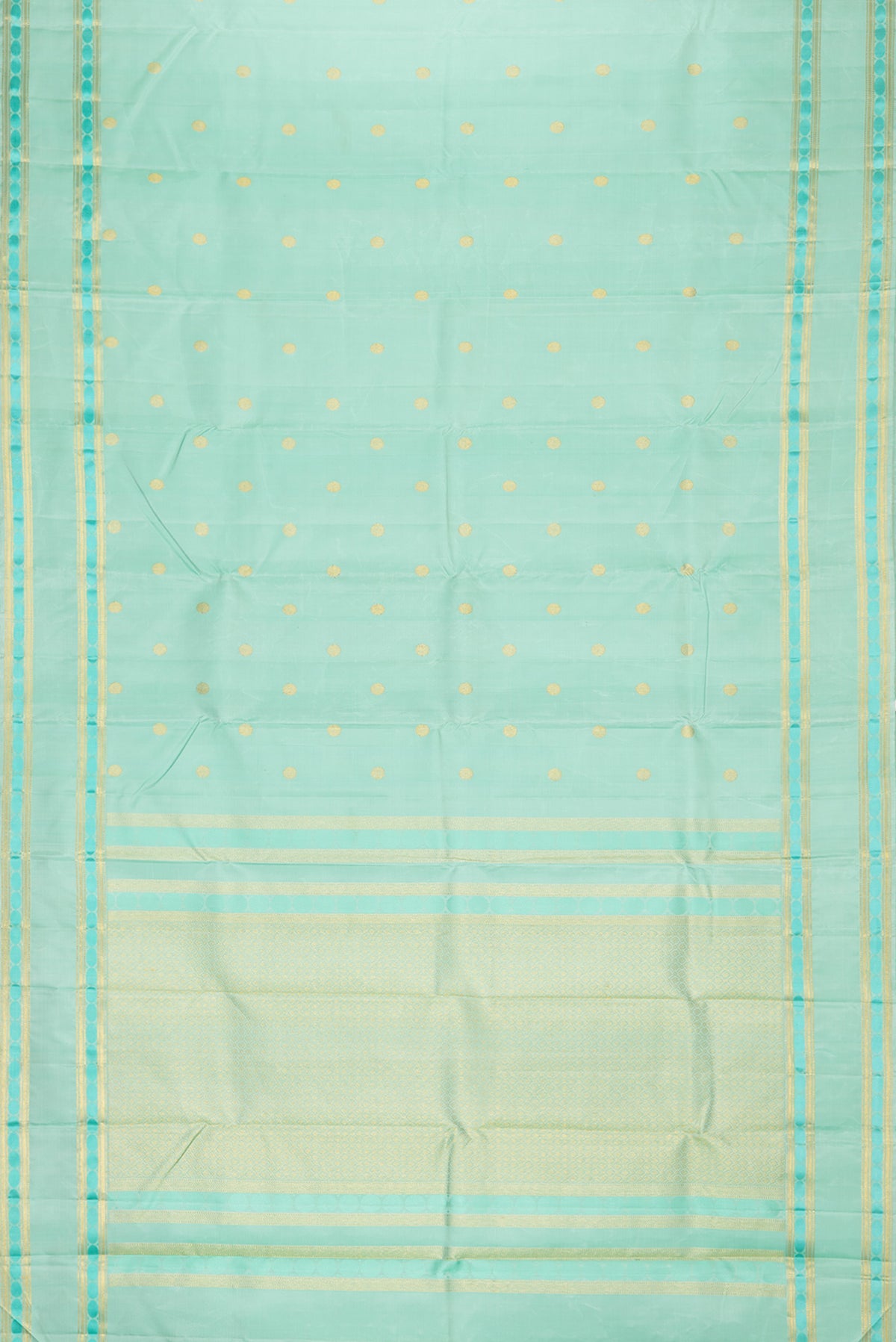 Flat view of Pure Silk Pista Green Kanchipuram Saree with Zari Butta on the body and Zari And Thread Border. 