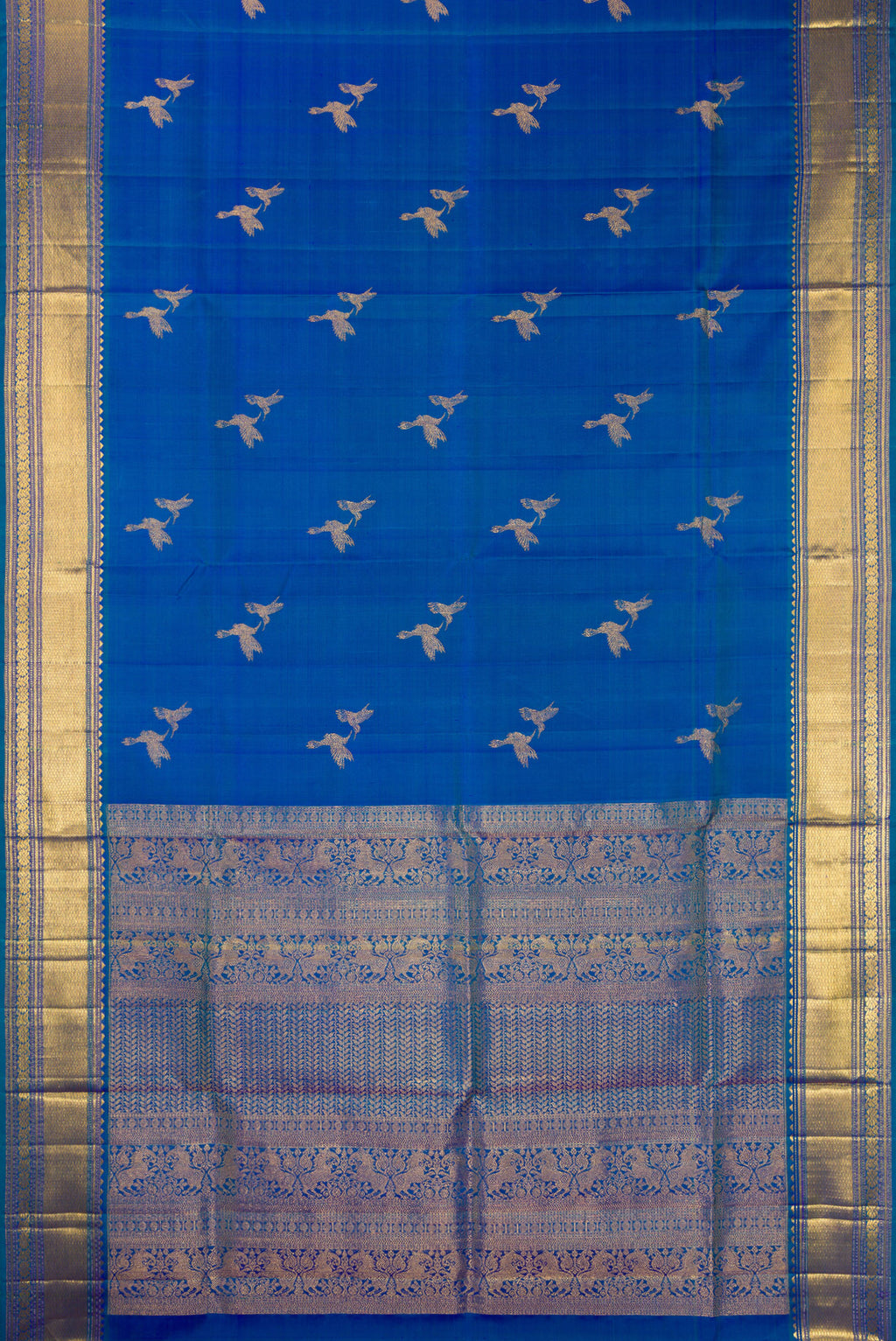Flat view of Pure Silk Peacock Blue Dual Tone Kanjivaram Saree with Zari Butta on the body and Zari Border. 