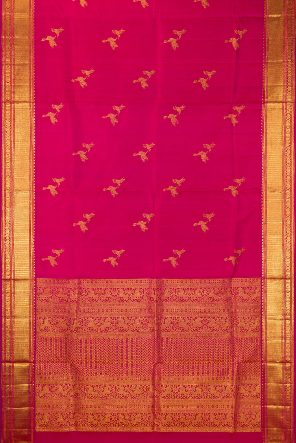 Flat view of Pure Silk Dark Pink Dual Tone Kanjivaram Saree with Zari Butta on the body and Zari Border. 