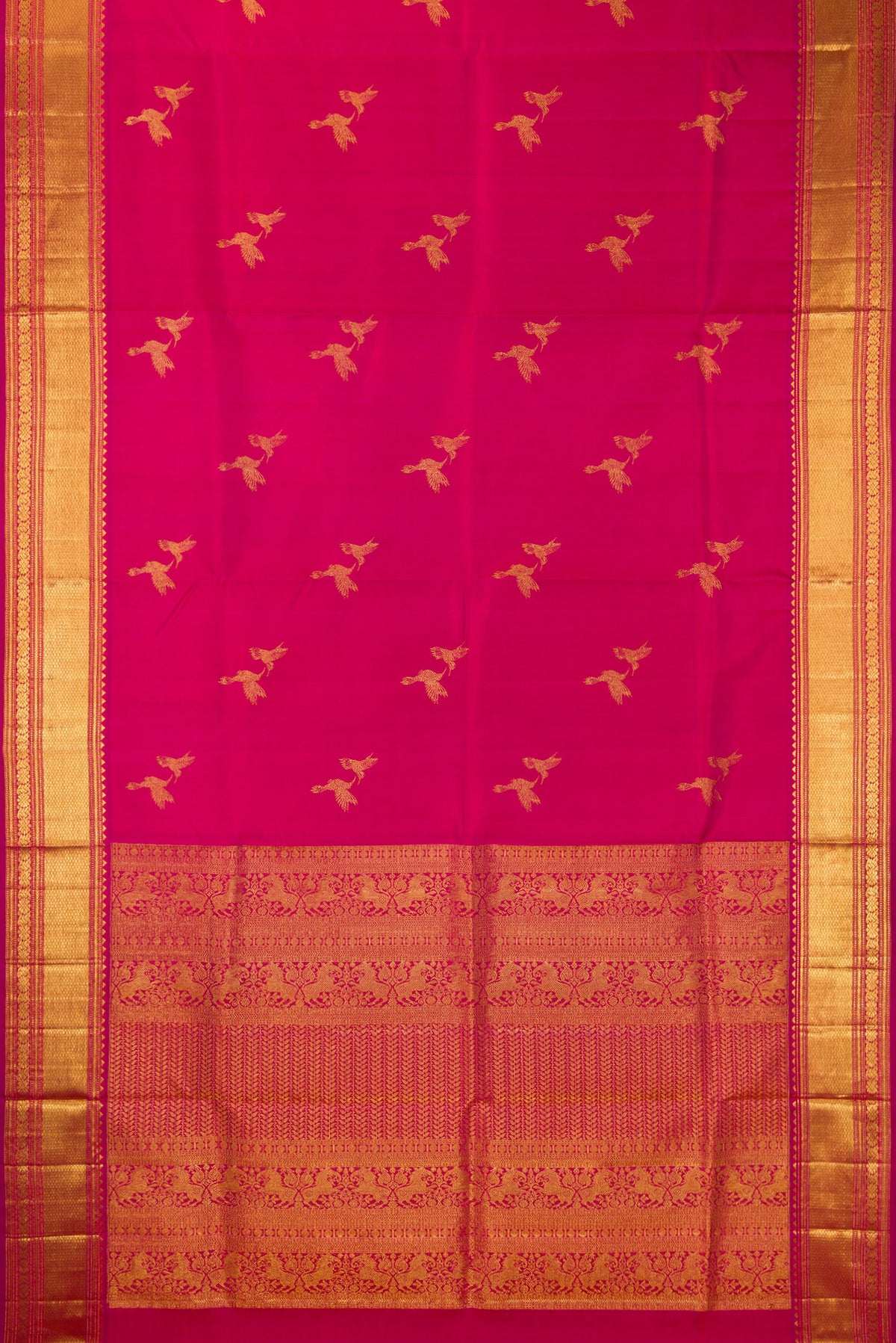Flat view of Pure Silk Dark Pink Dual Tone Kanjivaram Saree with Zari Butta on the body and Zari Border. 