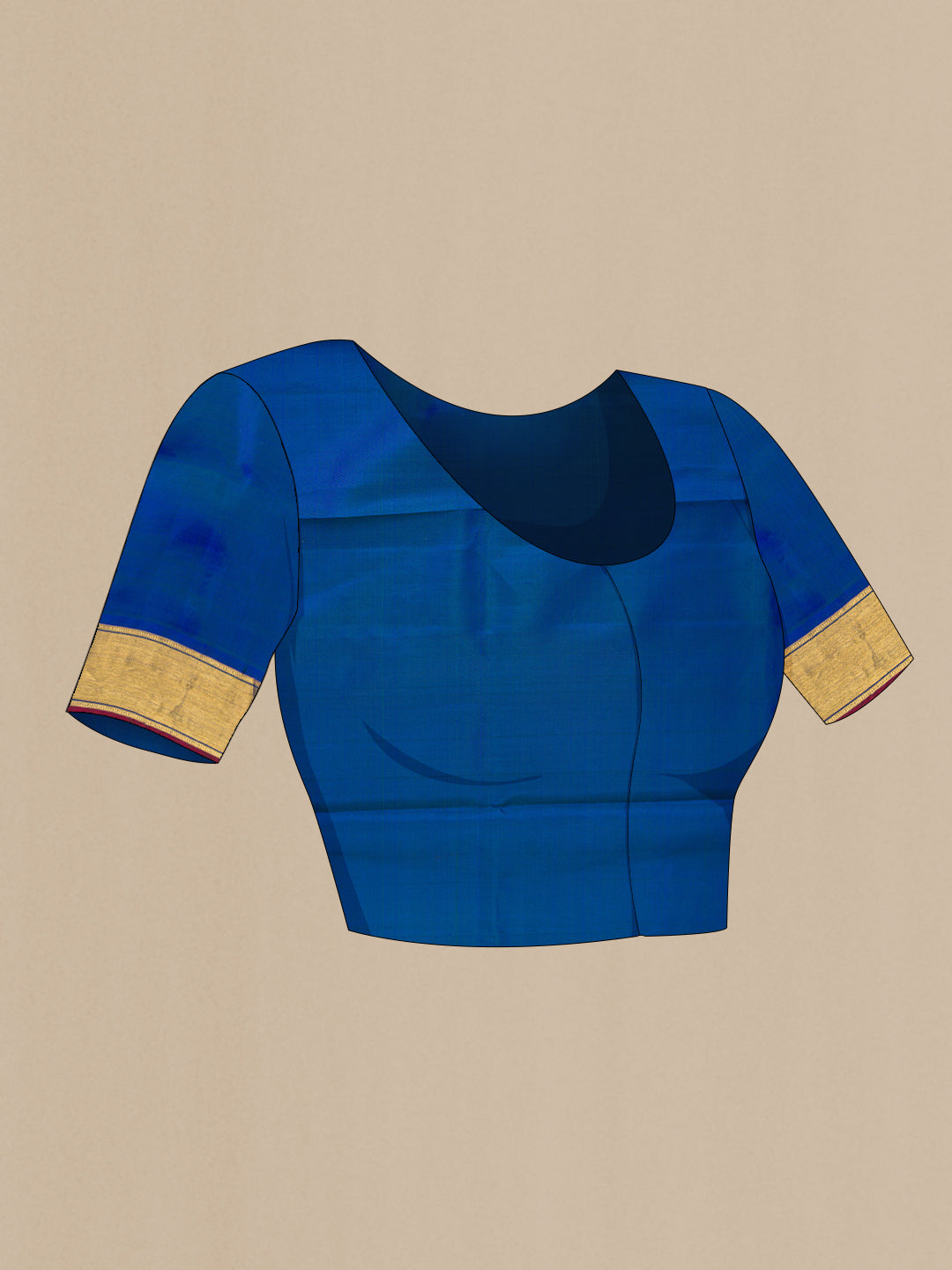 Close up image of the blouse of Pure Silk Blue Dual Tone Kanjivaram Saree with Zari Butta on the body and Zari Border. 