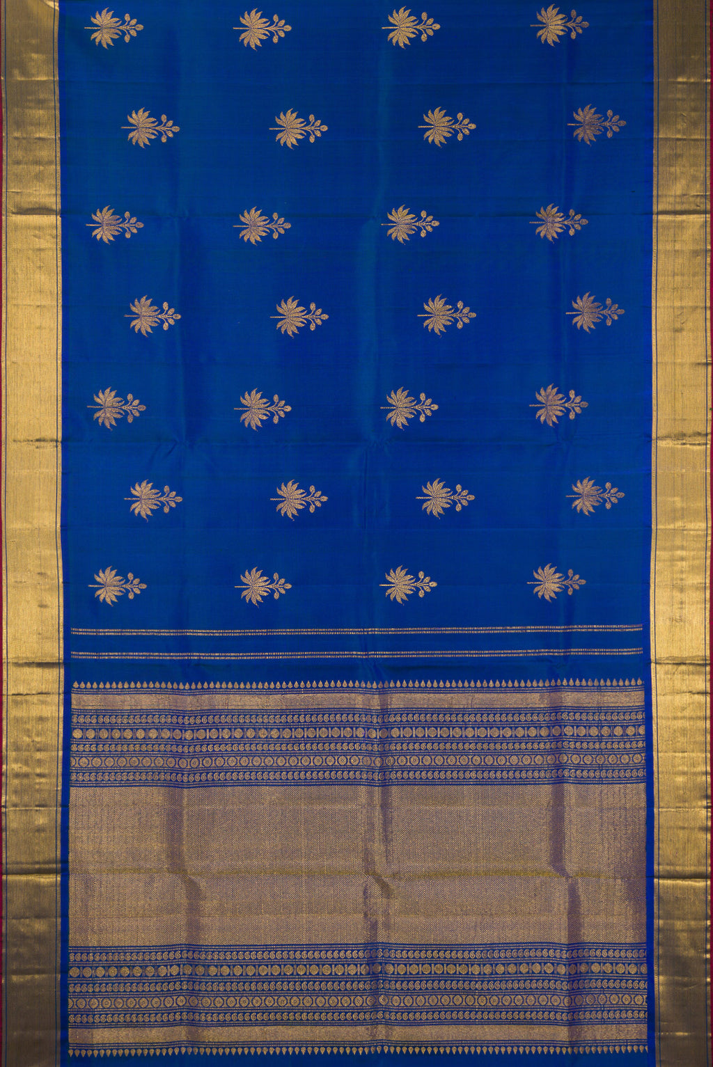 Flat view of Pure Silk Blue Dual Tone Kanjivaram Saree with Zari Butta on the body and Zari Border. 