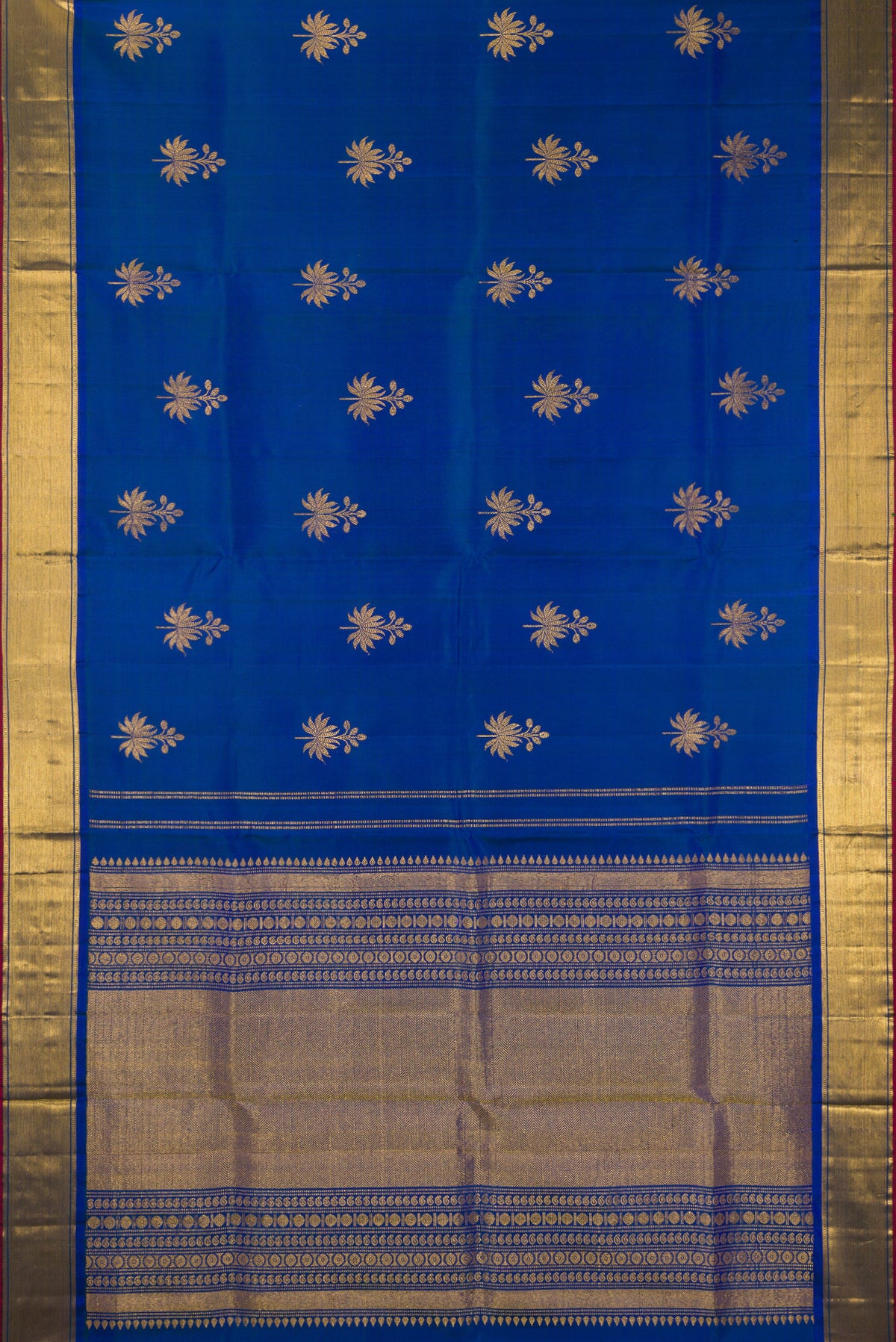 Flat view of Pure Silk Blue Dual Tone Kanjivaram Saree with Zari Butta on the body and Zari Border. 
