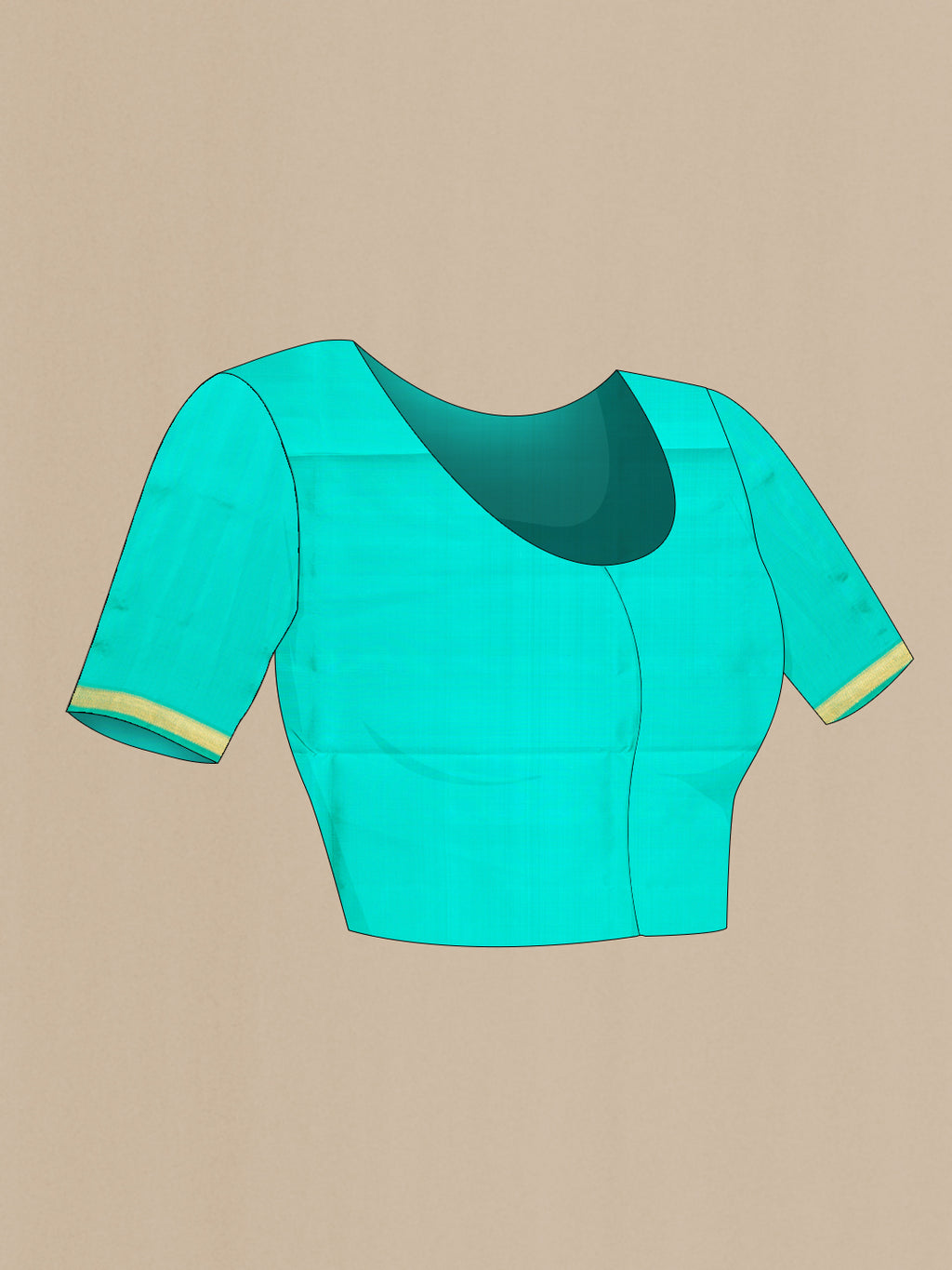 Close up image of the blouse of Pure Silk Sea Green Kanjivaram Saree with Zari Butta on the body and Zari Border. 