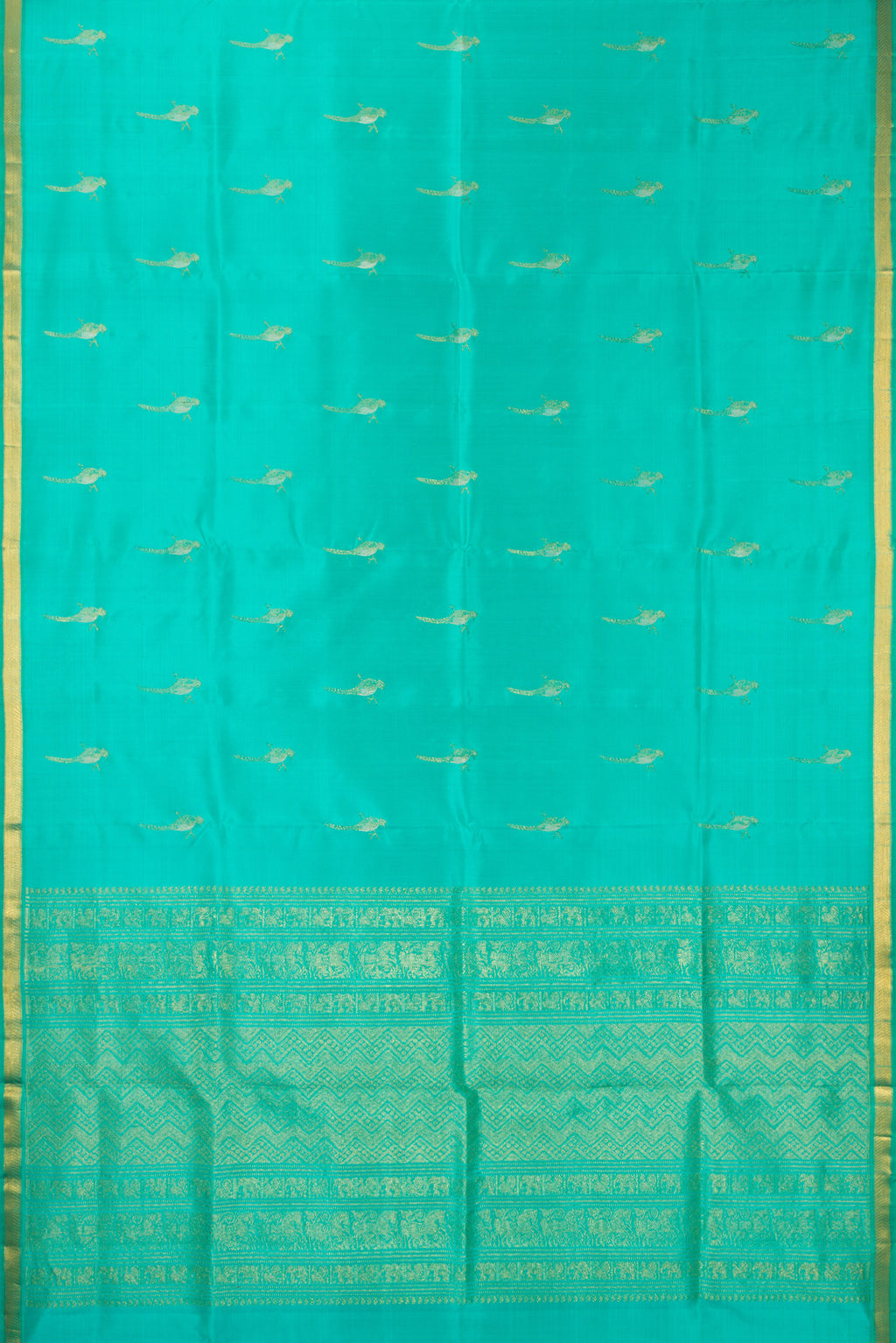 Flat view of Pure Silk Sea Green Kanjivaram Saree with Zari Butta on the body and Zari Border. 
