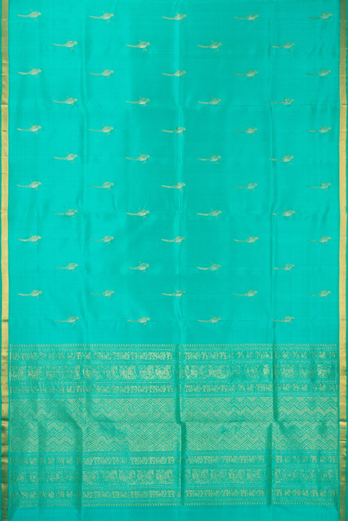 Flat view of Pure Silk Sea Green Kanjivaram Saree with Zari Butta on the body and Zari Border. 