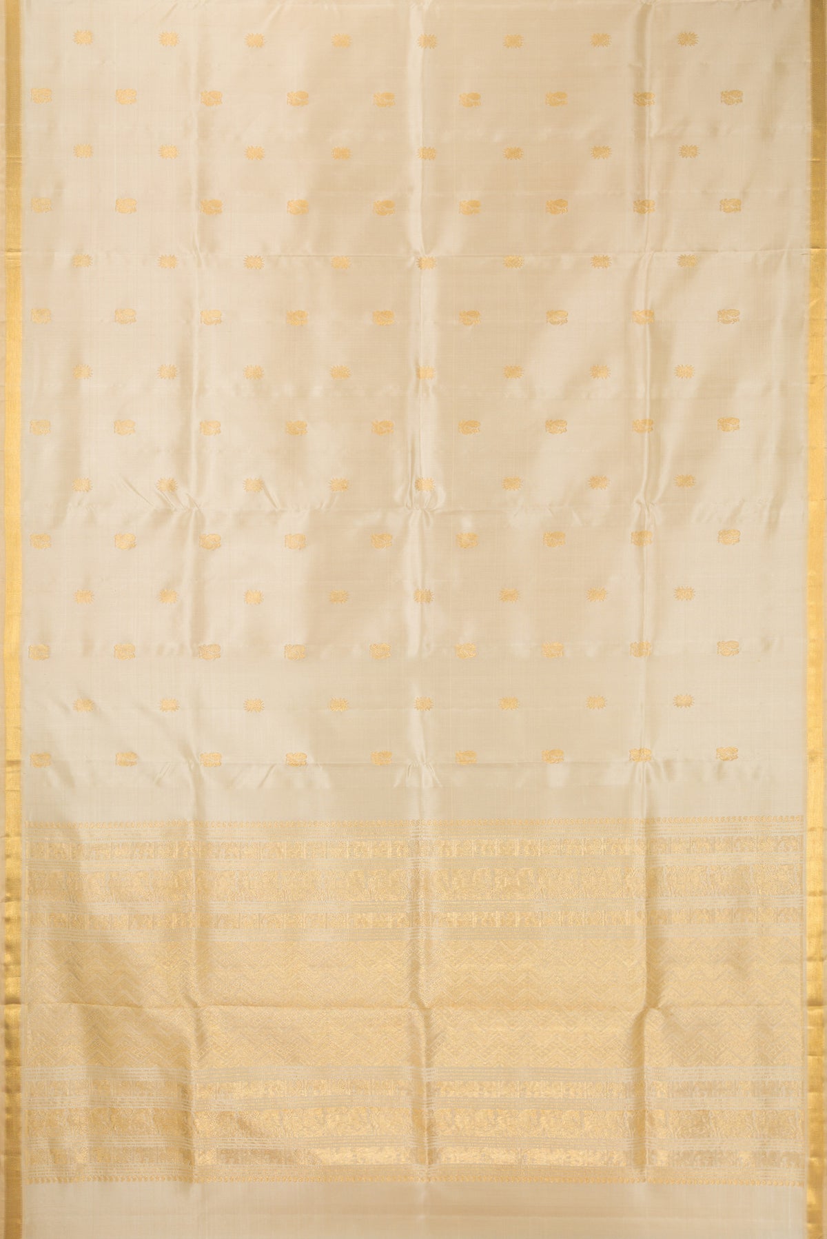 Flat view of Pure Silk Beige Kanjivaram Saree with Zari Butta on the body and Zari Border. 